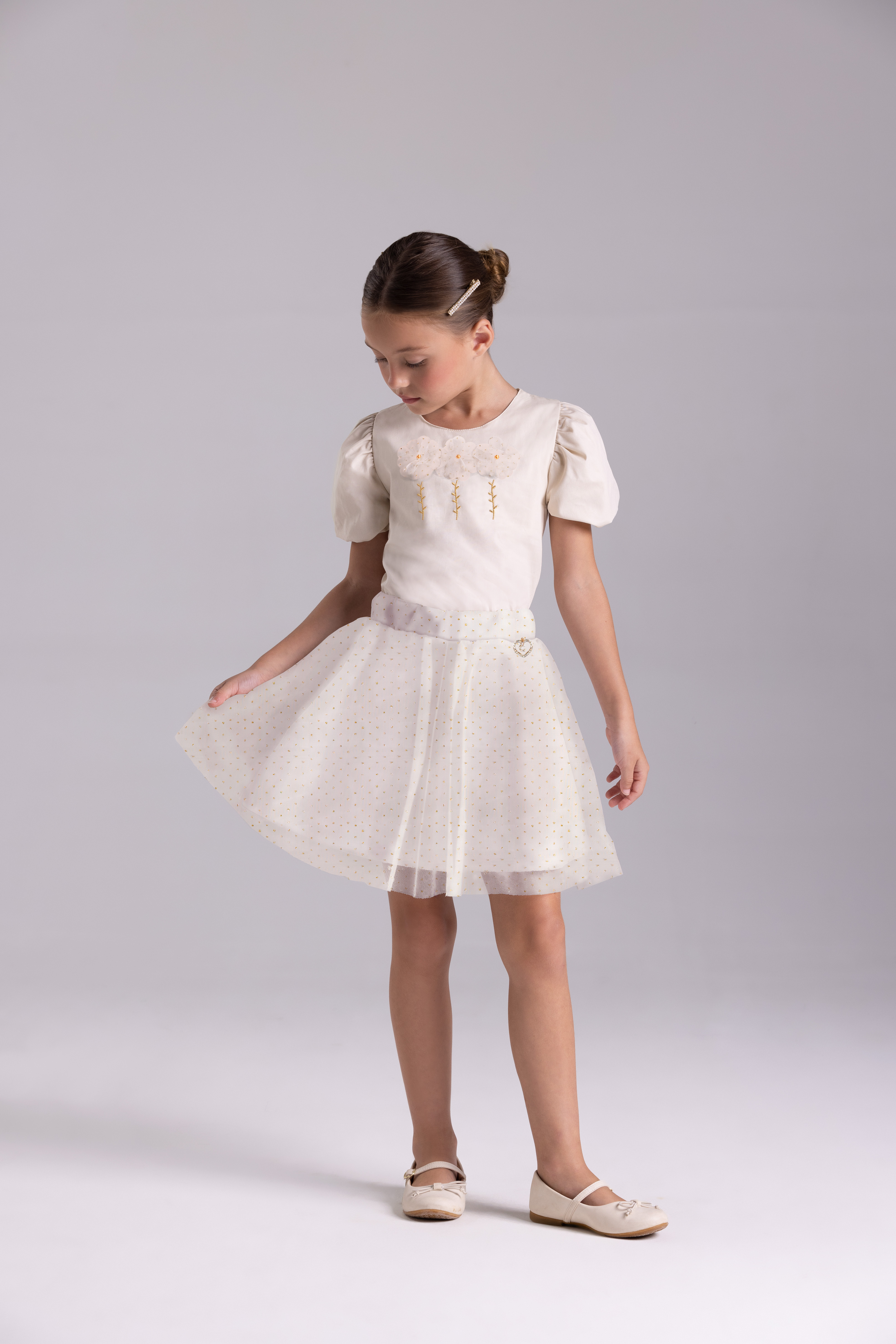Conj. Blusa e Saia em Tule C/crepe Poá